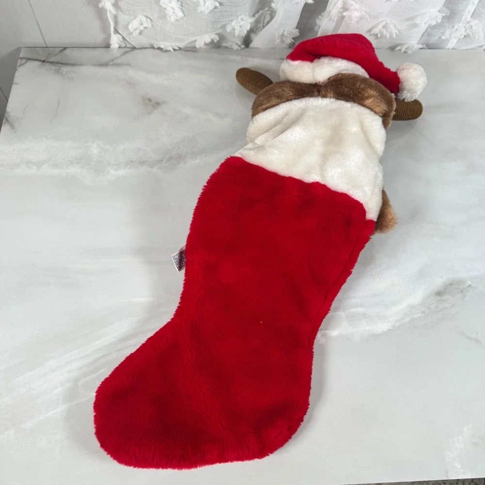 1988 Chrisha Playful Plush Moose Christmas Stocking Reindeer Moose in‎ Santa Hat